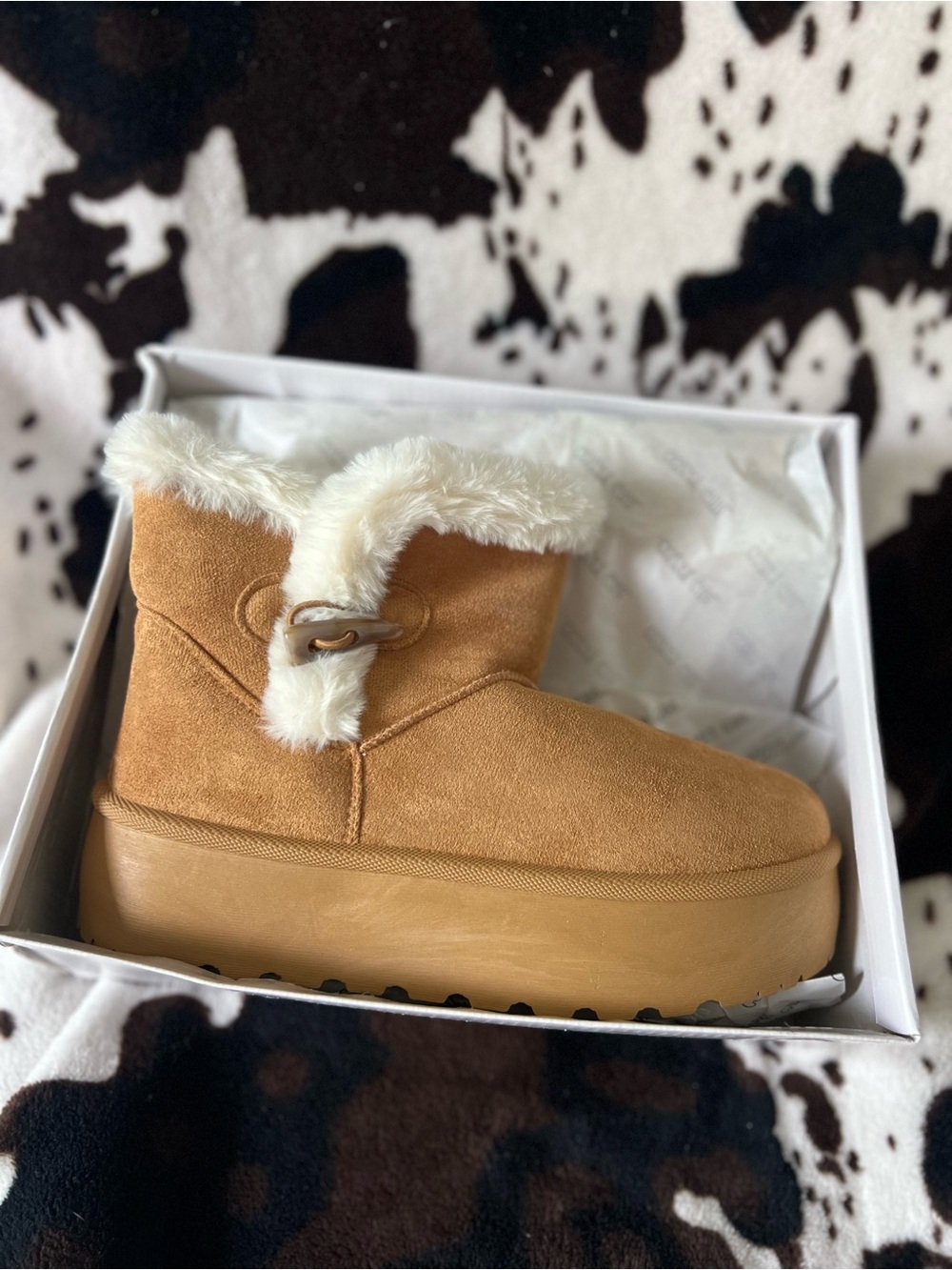 Faux-Suede Platform Boots in Chestnut with Faux Fur